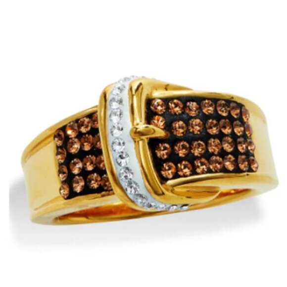 SAVVY CIE JEWELS 18K Yellow Gold Plated Italian Bold Crystal Buckle Ring - Picture 2 of 2